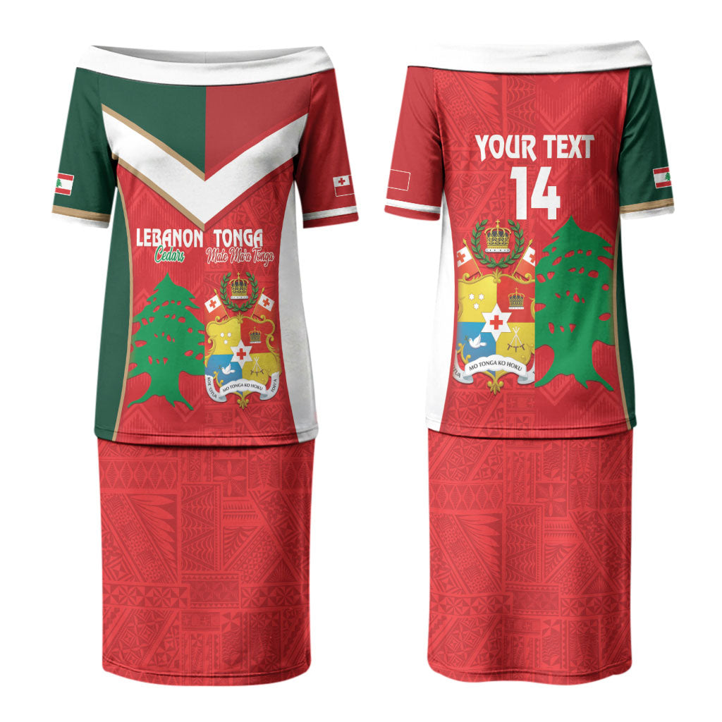 Custom Rugby Tonga and Lebanon Couples Matching Puletasi and Long Sleeve Button Shirt Mate Maa Tonga Cedars Together