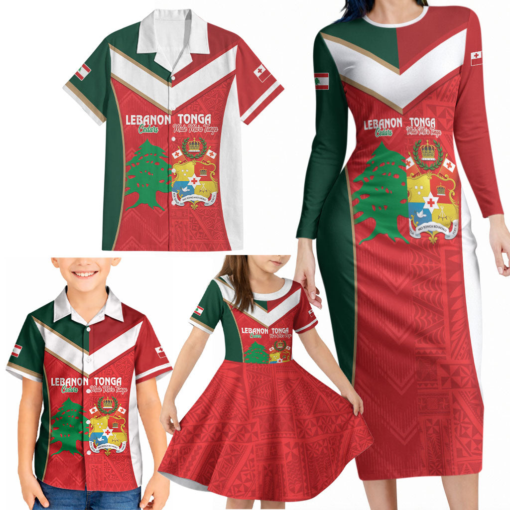 Custom Rugby Tonga and Lebanon Family Matching Long Sleeve Bodycon Dress and Hawaiian Shirt Mate Maa Tonga Cedars Together LT14 - Polynesian Pride