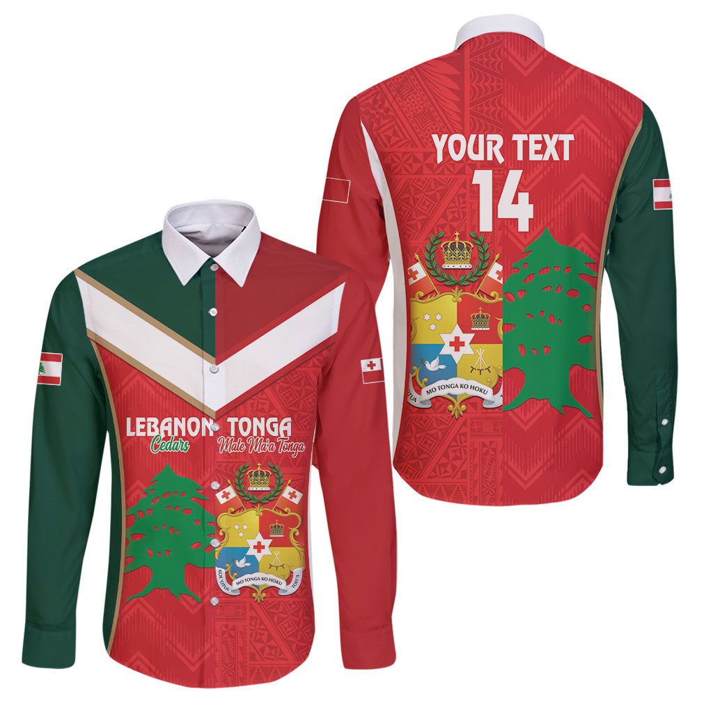 Custom Rugby Tonga and Lebanon Family Matching Off The Shoulder Long Sleeve Dress and Hawaiian Shirt Mate Maa Tonga Cedars Together