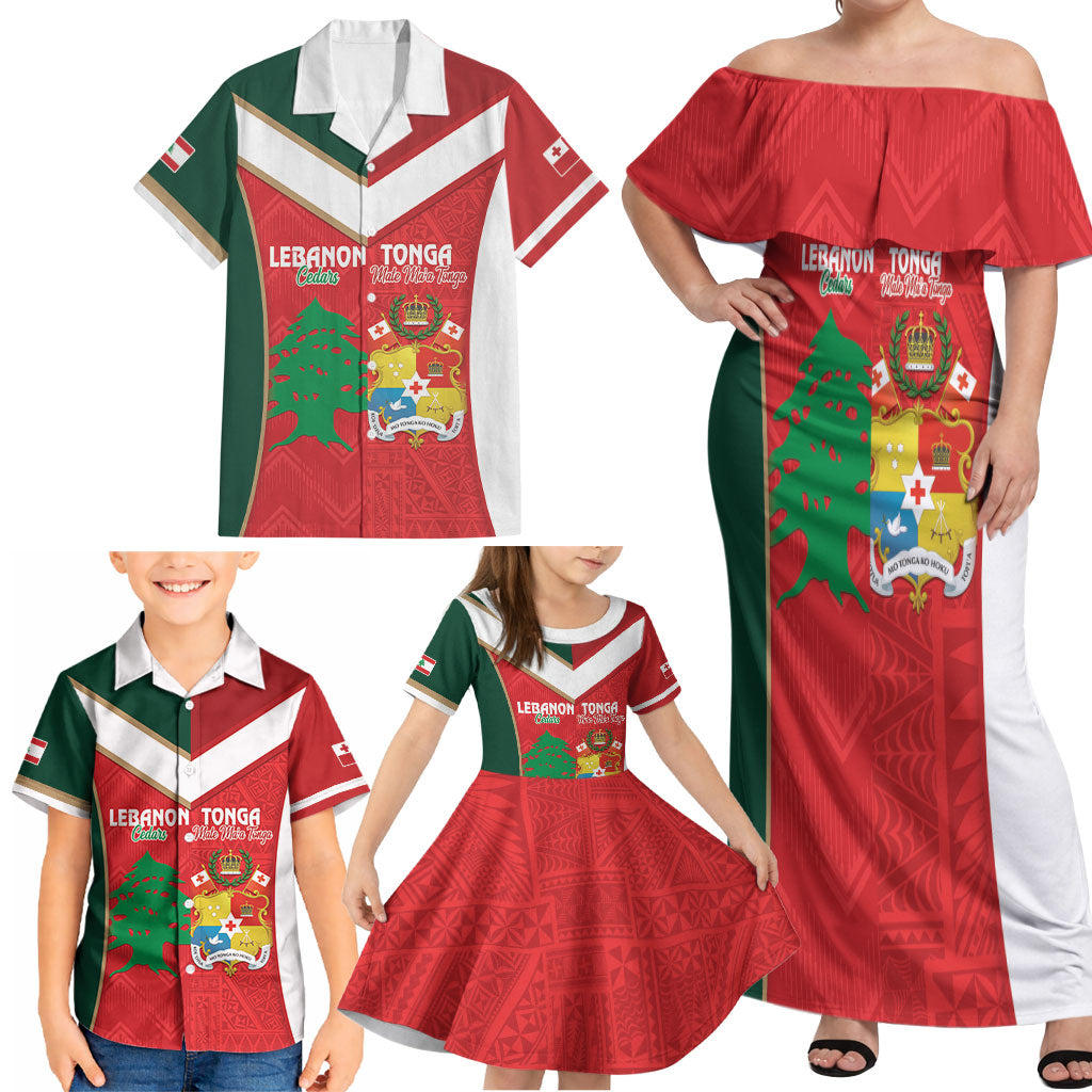 Custom Rugby Tonga and Lebanon Family Matching Off Shoulder Maxi Dress and Hawaiian Shirt Mate Maa Tonga Cedars Together LT14 - Polynesian Pride
