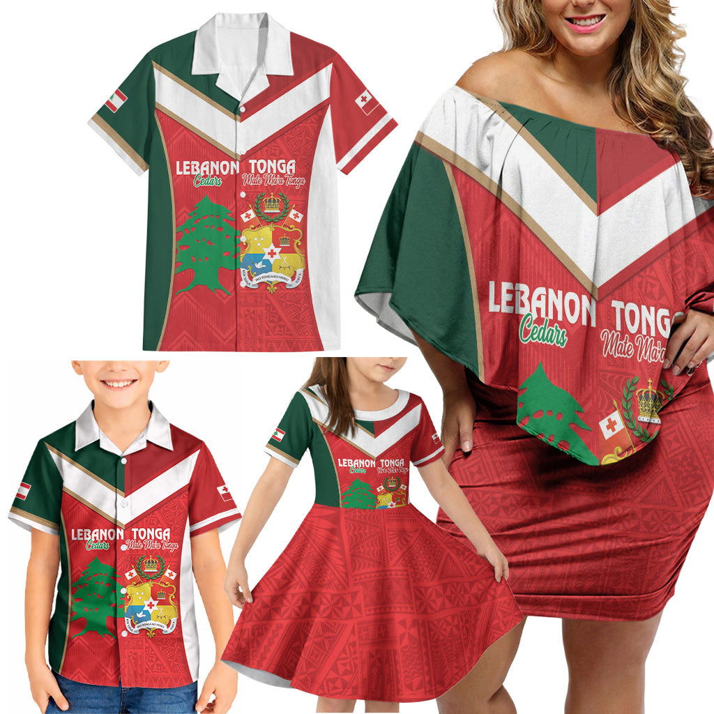 Custom Rugby Tonga and Lebanon Family Matching Off Shoulder Short Dress and Hawaiian Shirt Mate Maa Tonga Cedars Together LT14 - Polynesian Pride