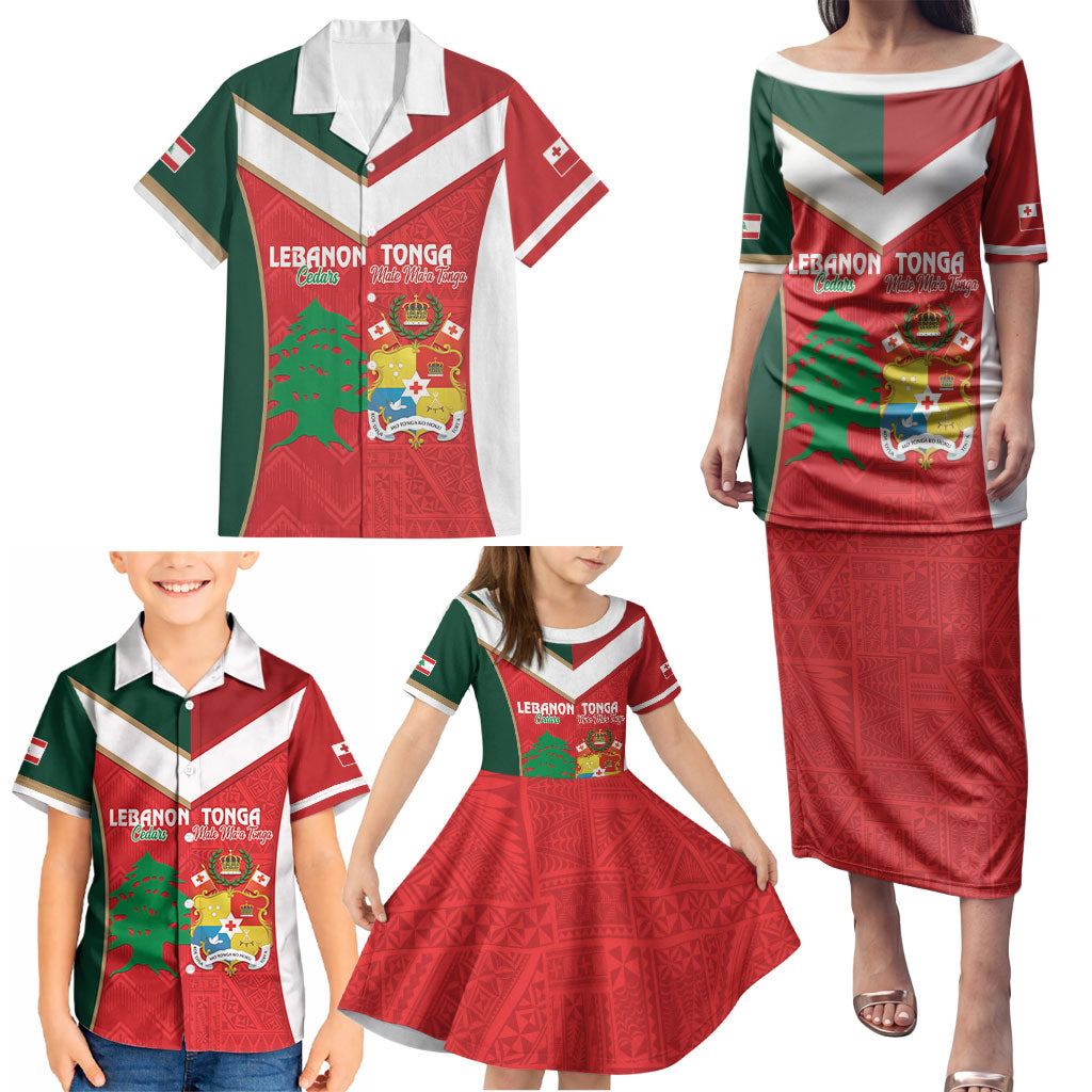 Custom Rugby Tonga and Lebanon Family Matching Puletasi and Hawaiian Shirt Mate Maa Tonga Cedars Together LT14 - Polynesian Pride