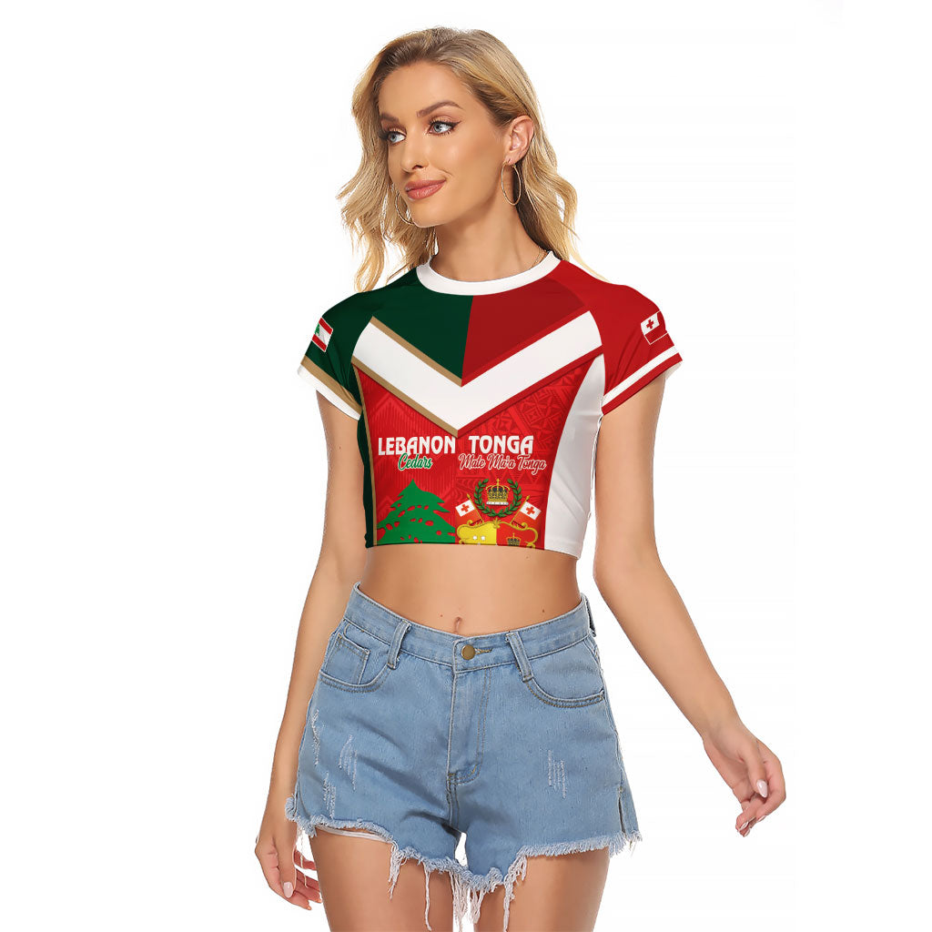 Custom Rugby Tonga and Lebanon Raglan Cropped T Shirt Mate Maa Tonga Cedars Together LT14 Female Multicolor - Polynesian Pride