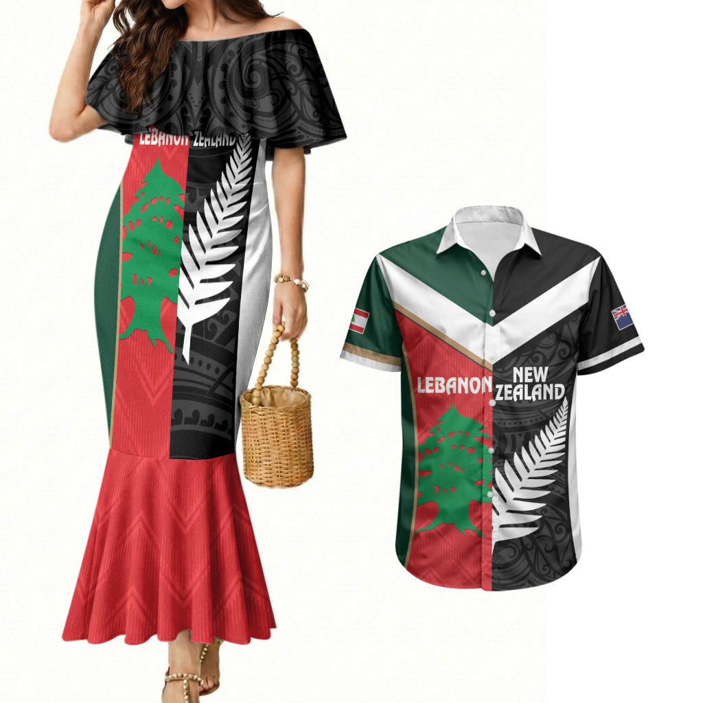 Custom Rugby New Zealand and Lebanon Couples Matching Mermaid Dress and Hawaiian Shirt All Black Cedars Together LT14 Multicolor - Polynesian Pride