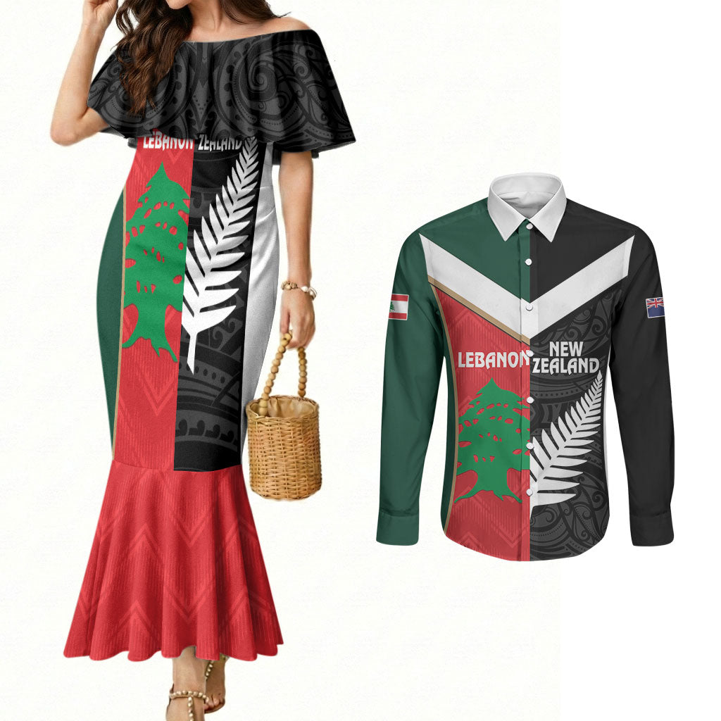 Custom Rugby New Zealand and Lebanon Couples Matching Mermaid Dress and Long Sleeve Button Shirt All Black Cedars Together LT14 Multicolor - Polynesian Pride