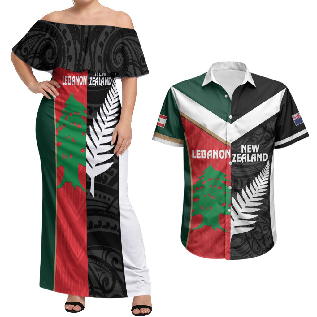Custom Rugby New Zealand and Lebanon Couples Matching Off Shoulder Maxi Dress and Hawaiian Shirt All Black Cedars Together LT14 Multicolor - Polynesian Pride