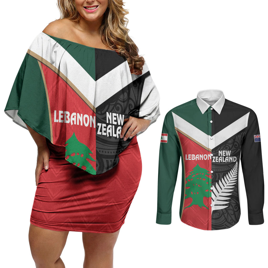 Custom Rugby New Zealand and Lebanon Couples Matching Off Shoulder Short Dress and Long Sleeve Button Shirt All Black Cedars Together LT14 Multicolor - Polynesian Pride