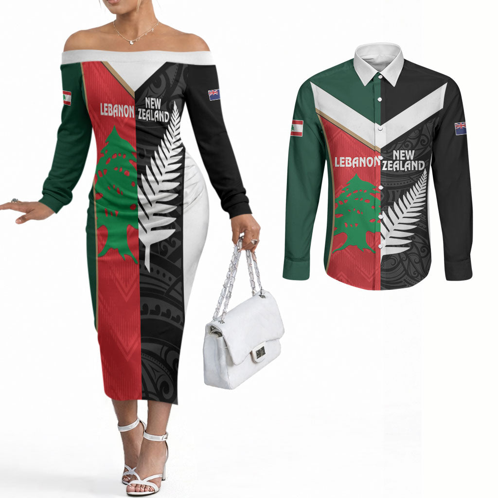 Custom Rugby New Zealand and Lebanon Couples Matching Off The Shoulder Long Sleeve Dress and Long Sleeve Button Shirt All Black Cedars Together LT14 Multicolor - Polynesian Pride
