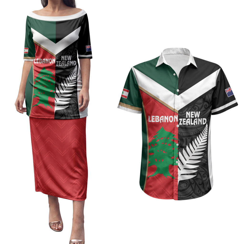 Custom Rugby New Zealand and Lebanon Couples Matching Puletasi and Hawaiian Shirt All Black Cedars Together LT14 Multicolor - Polynesian Pride