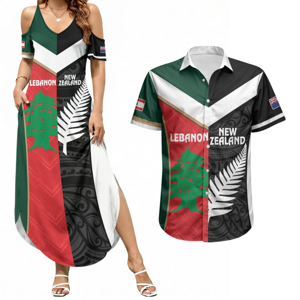 Custom Rugby New Zealand and Lebanon Couples Matching Summer Maxi Dress and Hawaiian Shirt All Black Cedars Together LT14 Multicolor - Polynesian Pride
