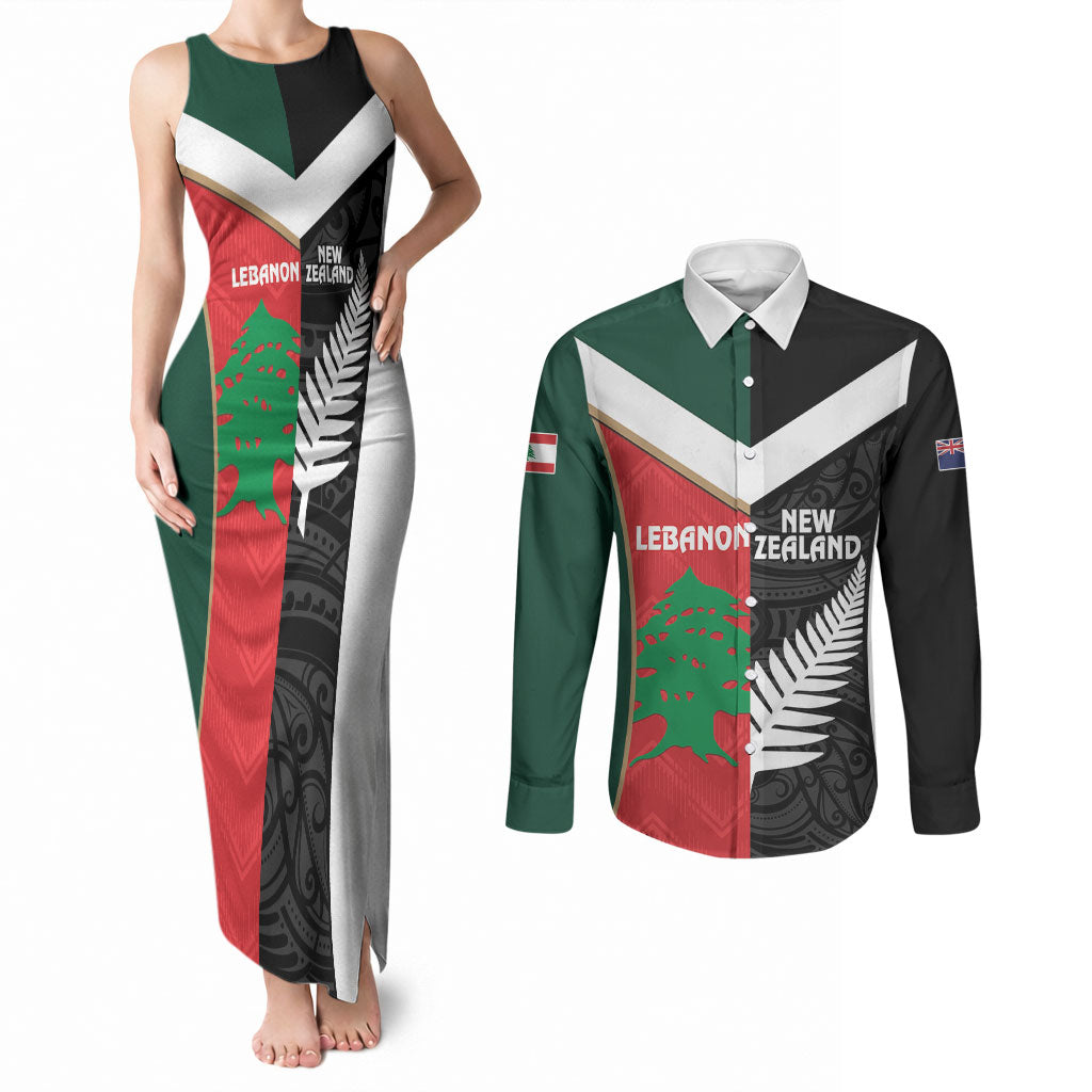Custom Rugby New Zealand and Lebanon Couples Matching Tank Maxi Dress and Long Sleeve Button Shirt All Black Cedars Together LT14 Multicolor - Polynesian Pride