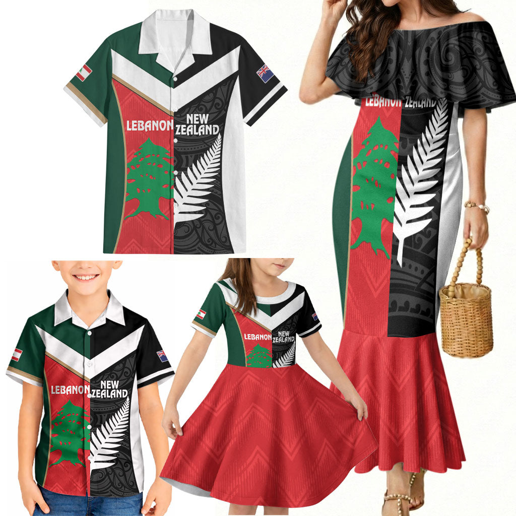 Custom Rugby New Zealand and Lebanon Family Matching Mermaid Dress and Hawaiian Shirt All Black Cedars Together LT14 - Polynesian Pride