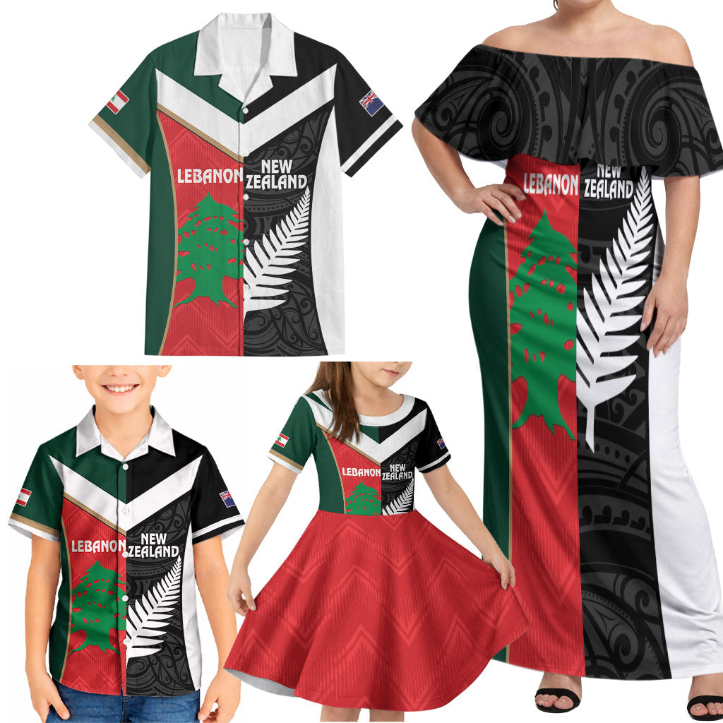 Custom Rugby New Zealand and Lebanon Family Matching Off Shoulder Maxi Dress and Hawaiian Shirt All Black Cedars Together LT14 - Polynesian Pride