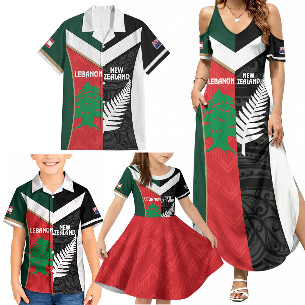 Custom Rugby New Zealand and Lebanon Family Matching Summer Maxi Dress and Hawaiian Shirt All Black Cedars Together LT14 - Polynesian Pride