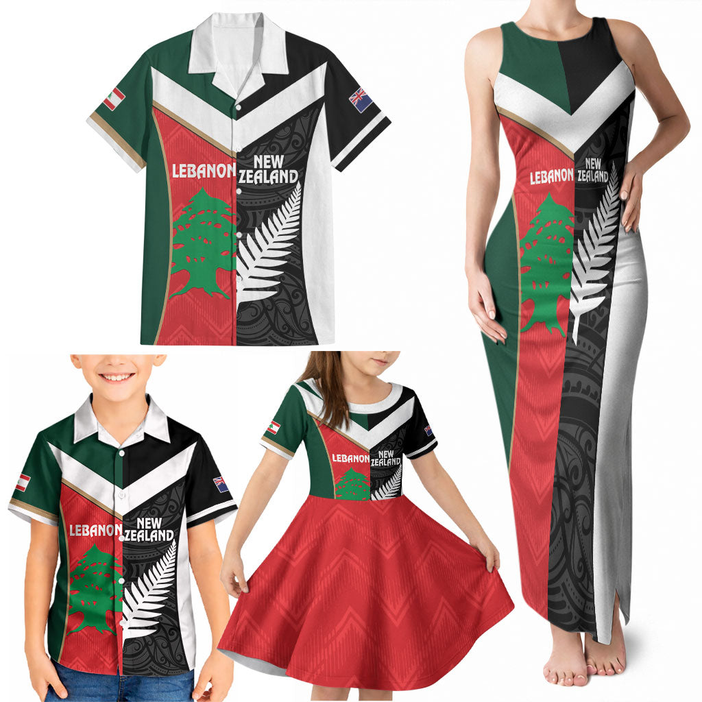 Custom Rugby New Zealand and Lebanon Family Matching Tank Maxi Dress and Hawaiian Shirt All Black Cedars Together LT14 - Polynesian Pride