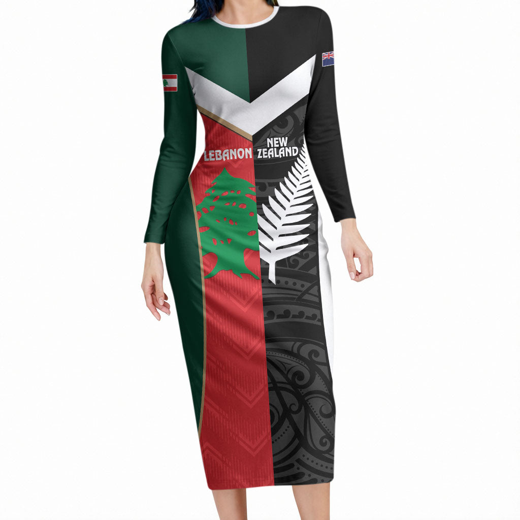 Custom Rugby New Zealand and Lebanon Long Sleeve Bodycon Dress All Black Cedars Together LT14 Long Dress Multicolor - Polynesian Pride