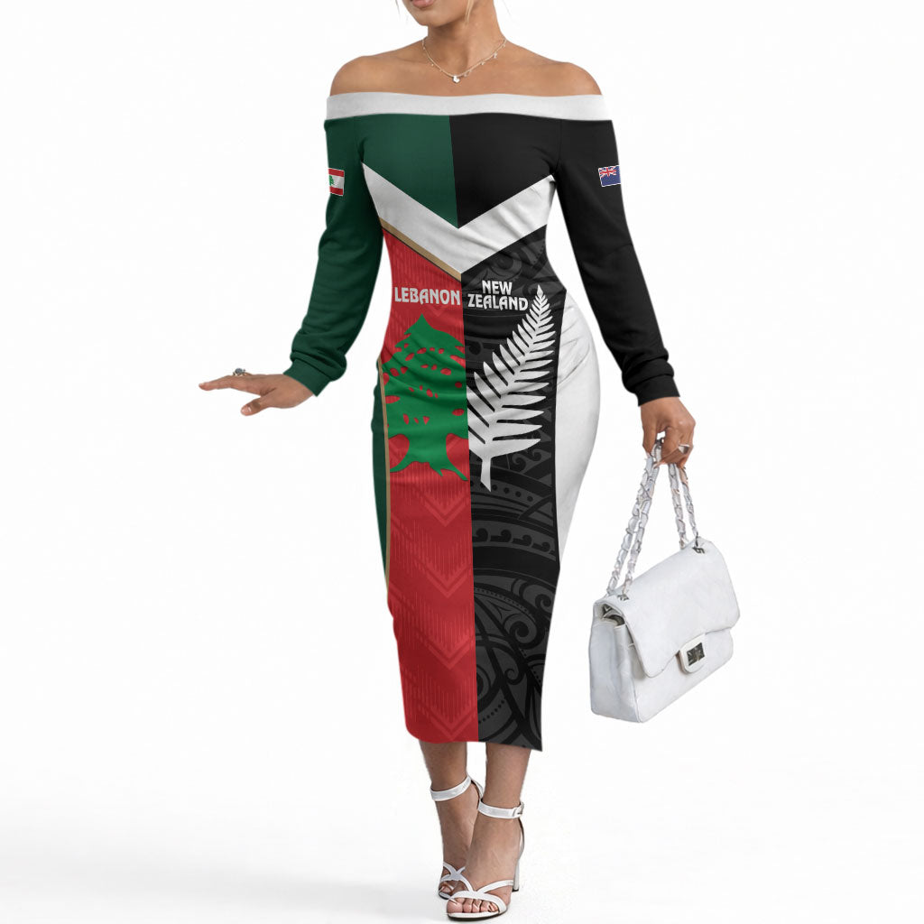 Custom Rugby New Zealand and Lebanon Off The Shoulder Long Sleeve Dress All Black Cedars Together LT14 Women Multicolor - Polynesian Pride