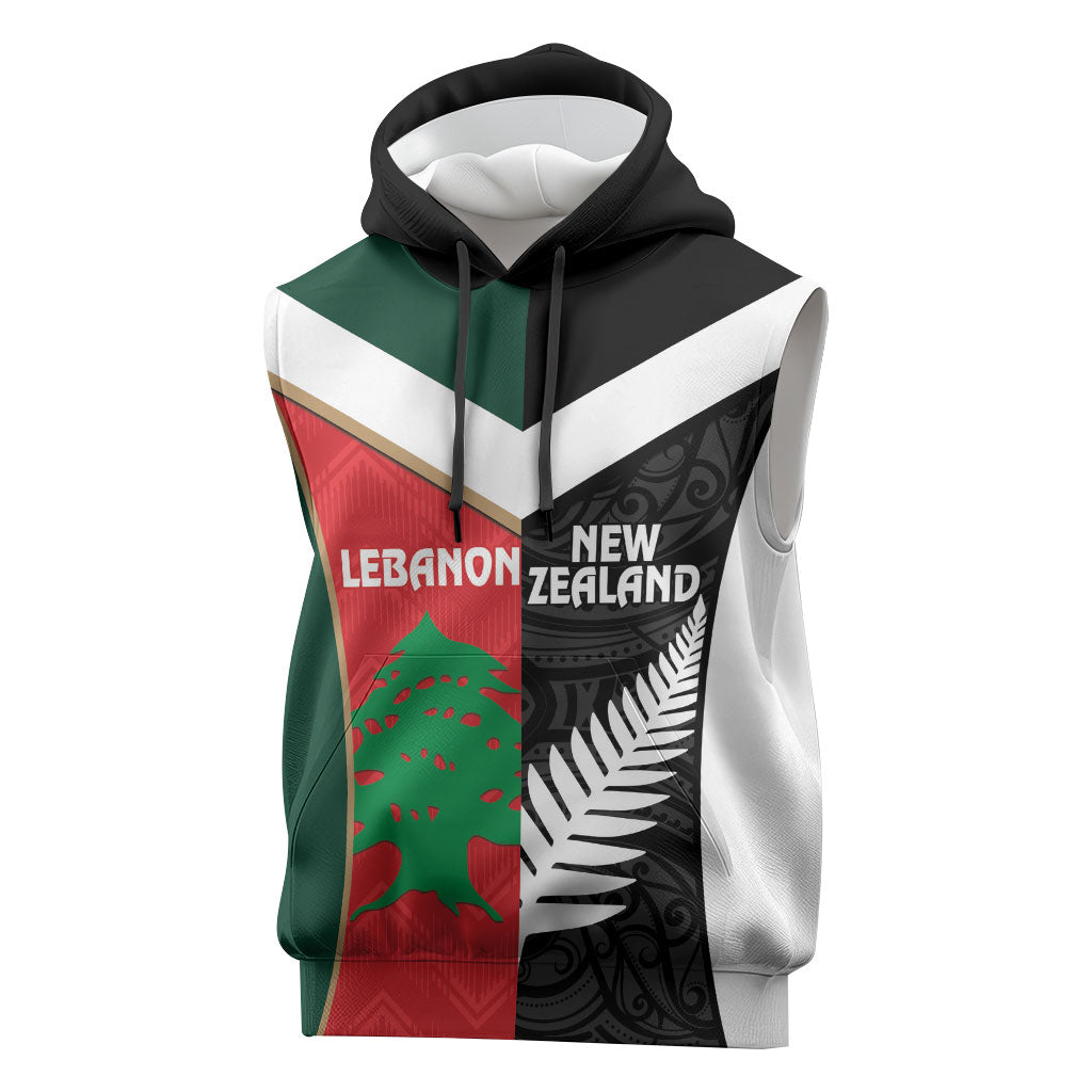 Custom Rugby New Zealand and Lebanon Sleeveless Hoodie All Black Cedars Together LT14 Multicolor - Polynesian Pride