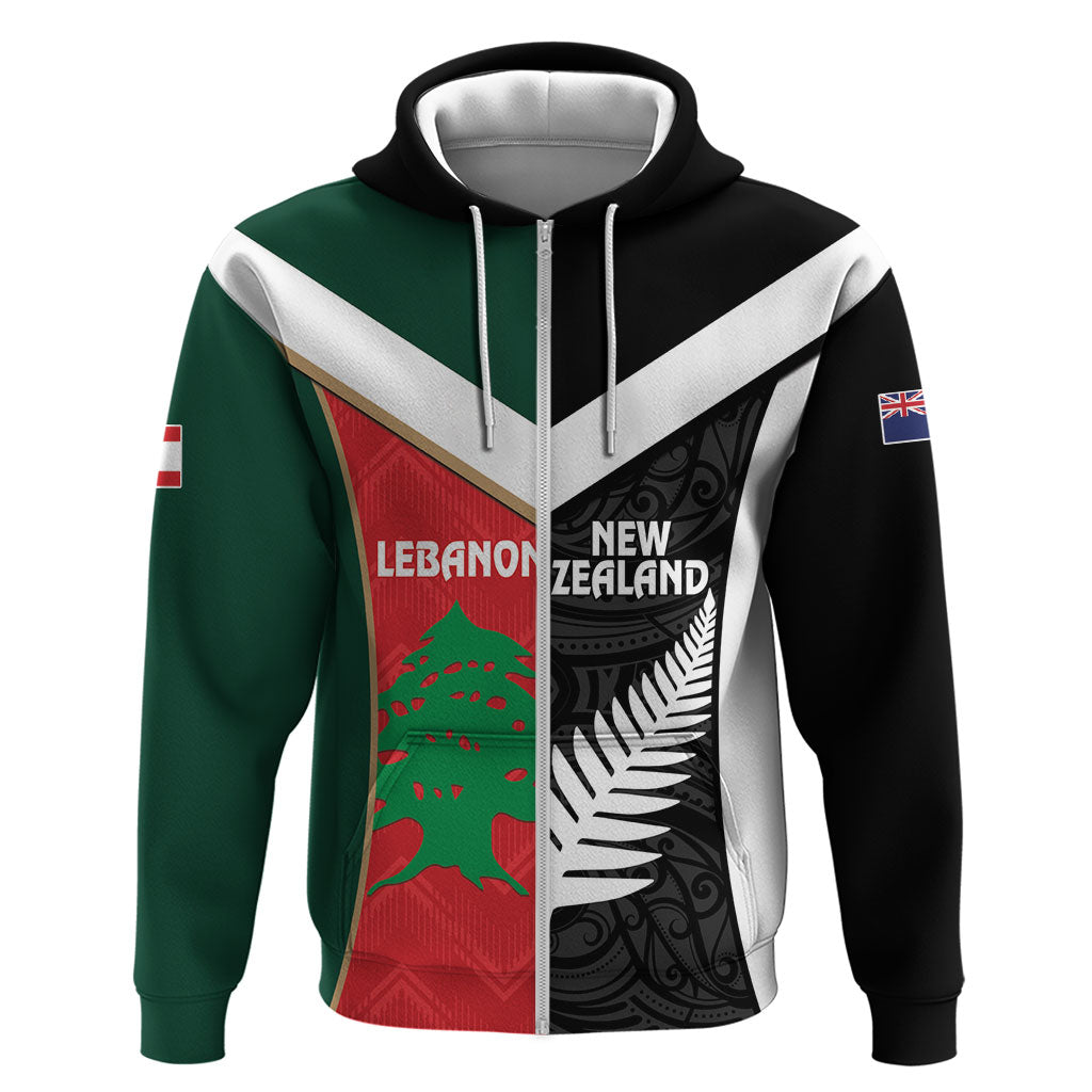 Custom Rugby New Zealand and Lebanon Zip Hoodie All Black Cedars Together LT14 Zip Hoodie Multicolor - Polynesian Pride