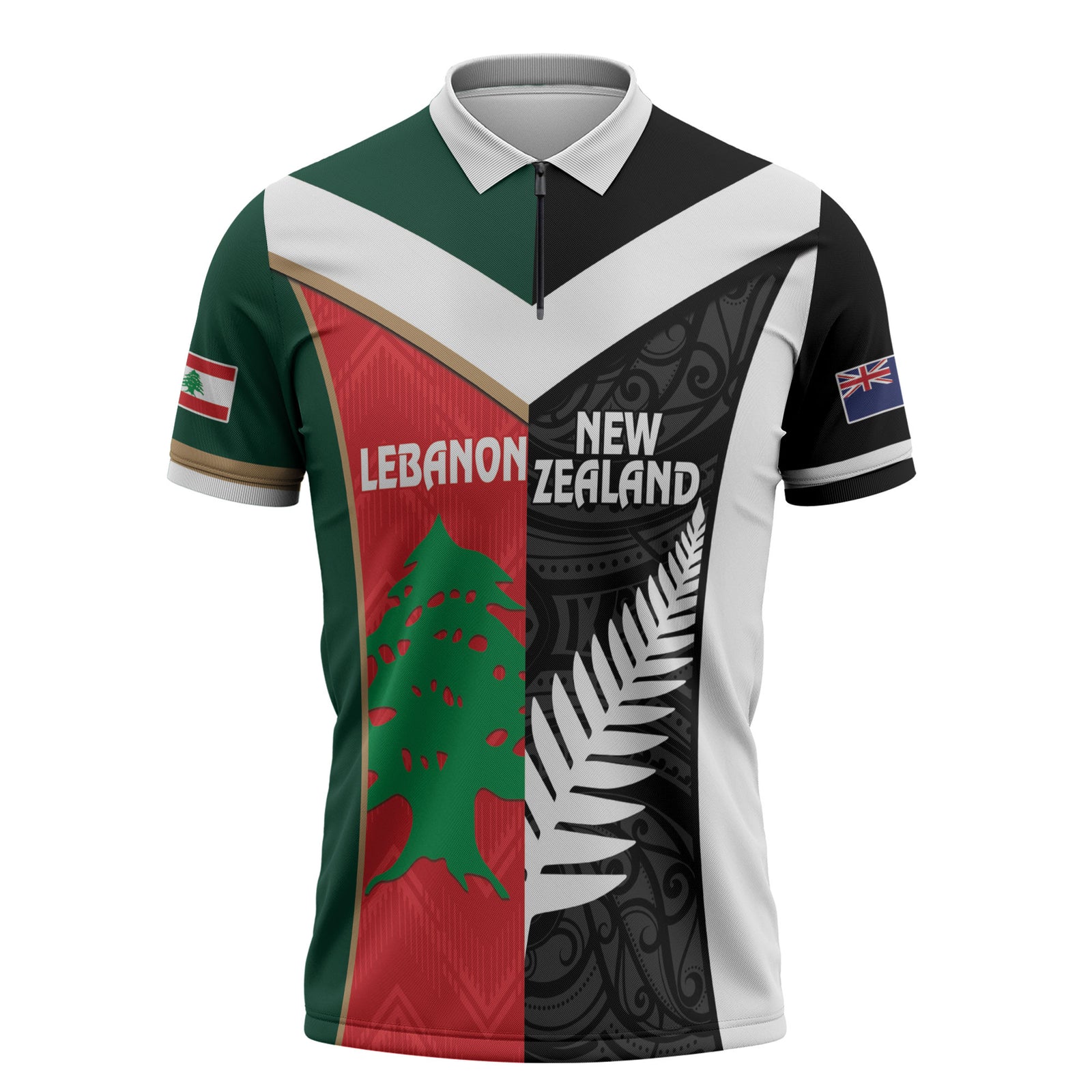 Custom Rugby New Zealand and Lebanon Zipper Polo Shirt All Black Cedars Together LT14 Multicolor - Polynesian Pride