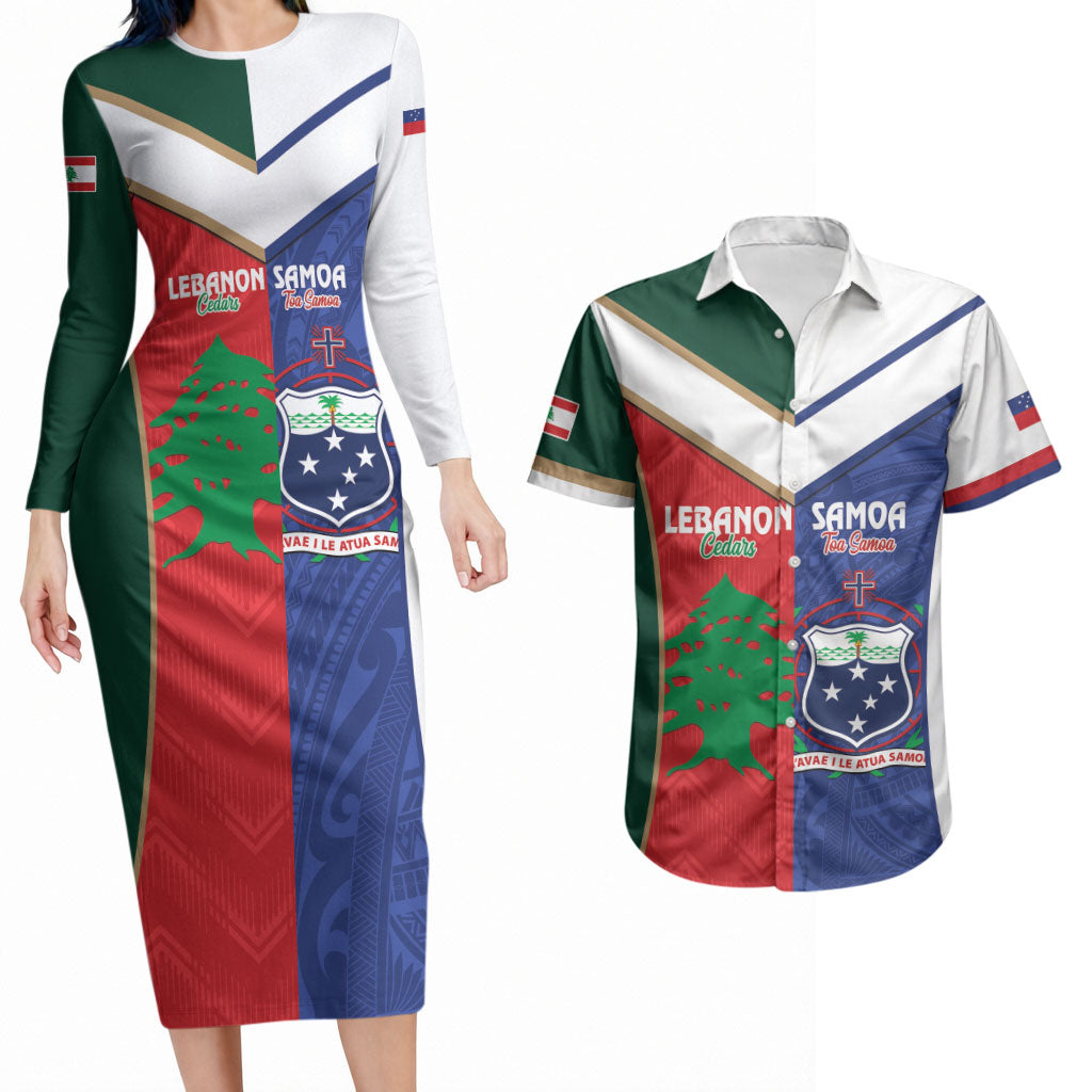 Custom Rugby Samoa and Lebanon Couples Matching Long Sleeve Bodycon Dress and Hawaiian Shirt Toa Samoa Cedars Together LT14 Multicolor - Polynesian Pride