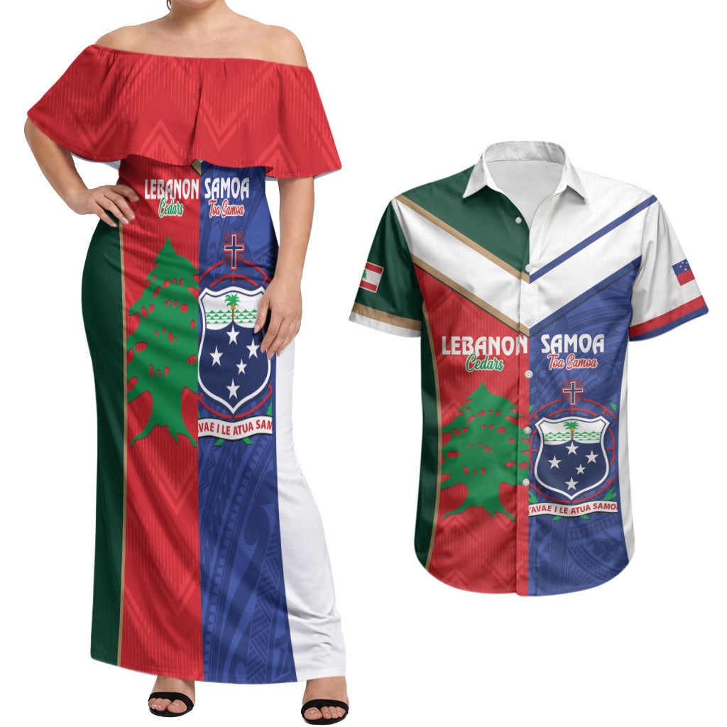 Custom Rugby Samoa and Lebanon Couples Matching Off Shoulder Maxi Dress and Hawaiian Shirt Toa Samoa Cedars Together LT14 Multicolor - Polynesian Pride
