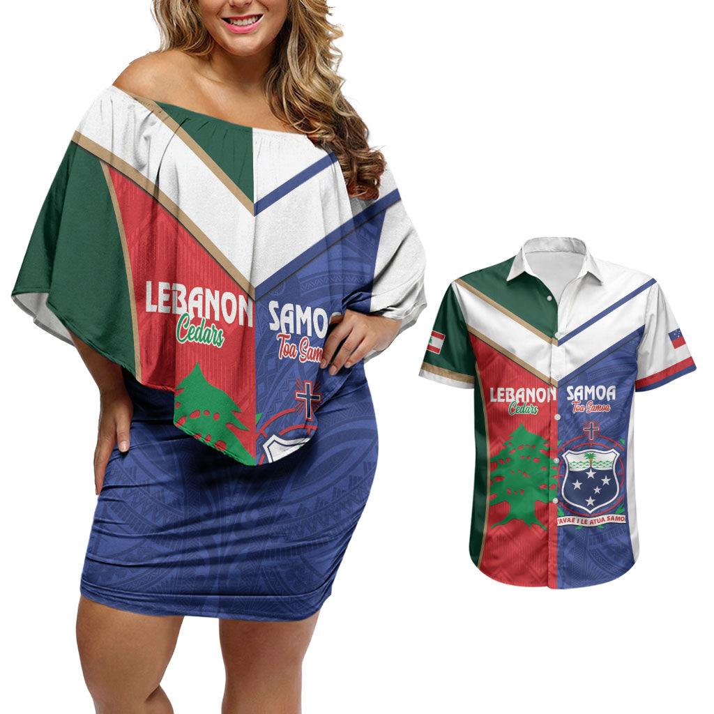 Custom Rugby Samoa and Lebanon Couples Matching Off Shoulder Short Dress and Hawaiian Shirt Toa Samoa Cedars Together LT14 Multicolor - Polynesian Pride