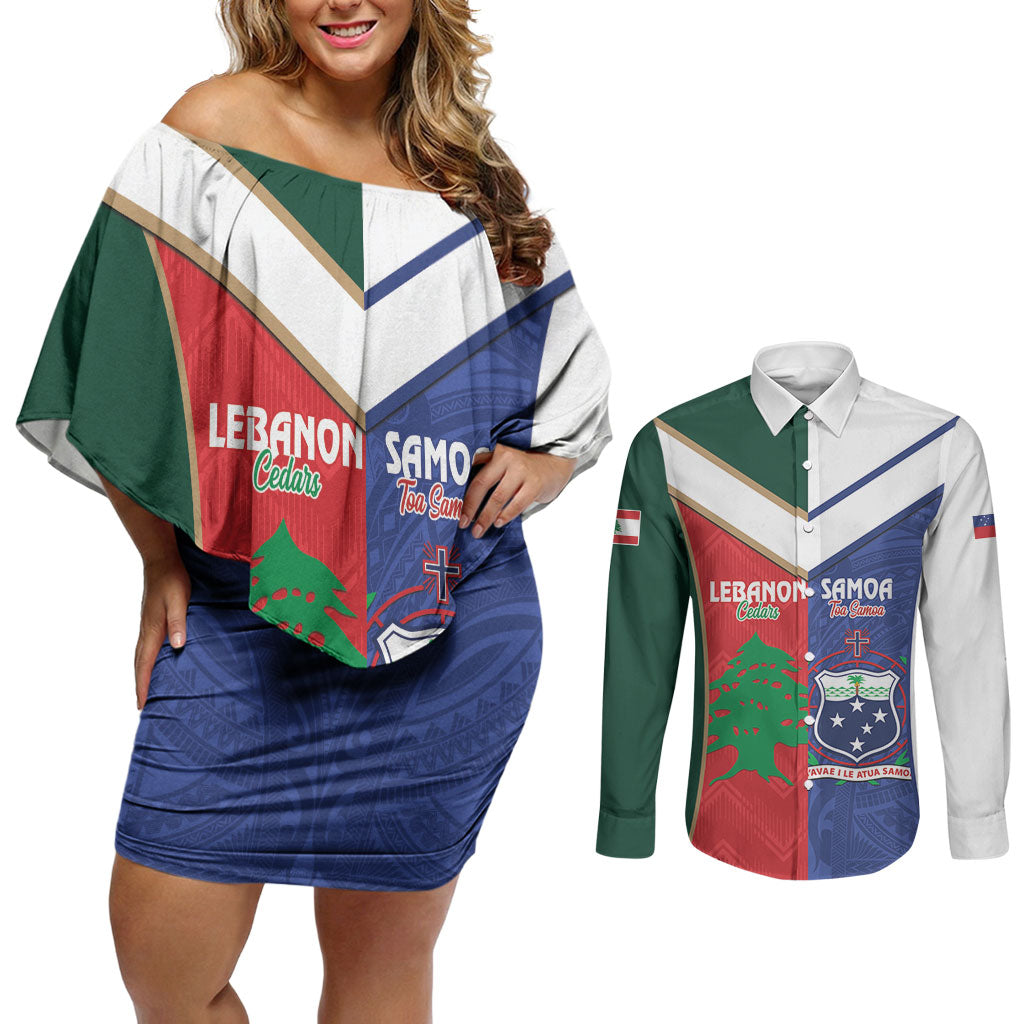 Custom Rugby Samoa and Lebanon Couples Matching Off Shoulder Short Dress and Long Sleeve Button Shirt Toa Samoa Cedars Together LT14 Multicolor - Polynesian Pride