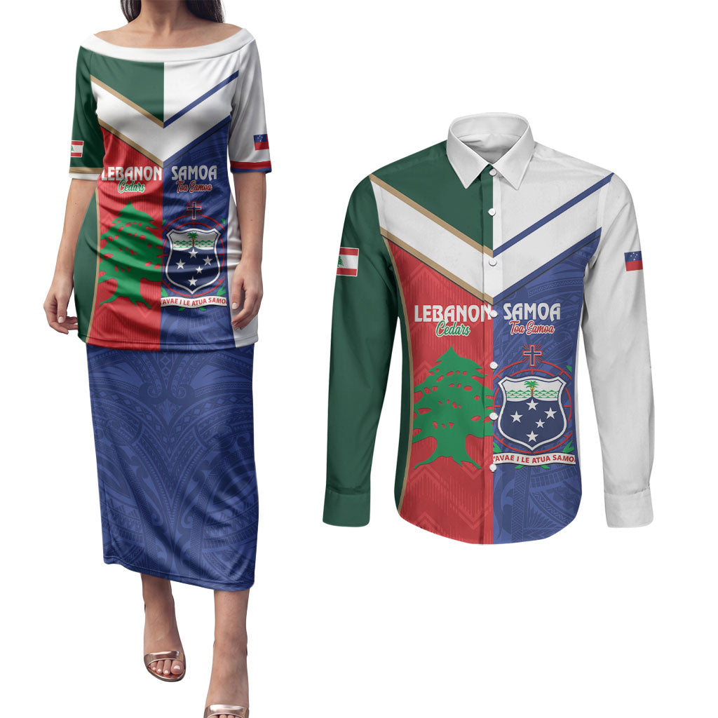 Custom Rugby Samoa and Lebanon Couples Matching Puletasi and Long Sleeve Button Shirt Toa Samoa Cedars Together