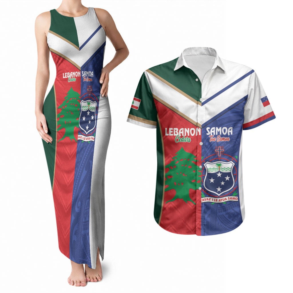 Custom Rugby Samoa and Lebanon Couples Matching Tank Maxi Dress and Hawaiian Shirt Toa Samoa Cedars Together LT14 Multicolor - Polynesian Pride
