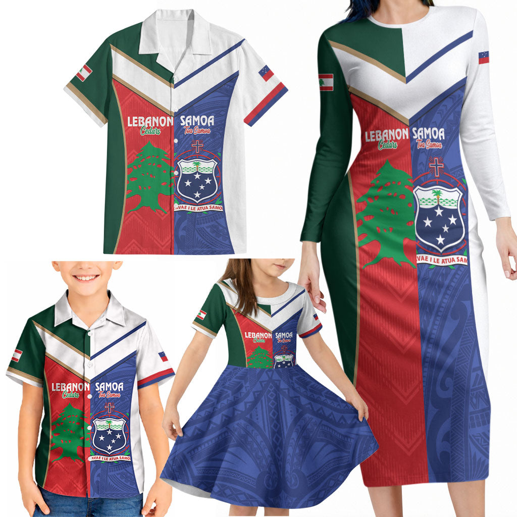 Custom Rugby Samoa and Lebanon Family Matching Long Sleeve Bodycon Dress and Hawaiian Shirt Toa Samoa Cedars Together LT14 - Polynesian Pride