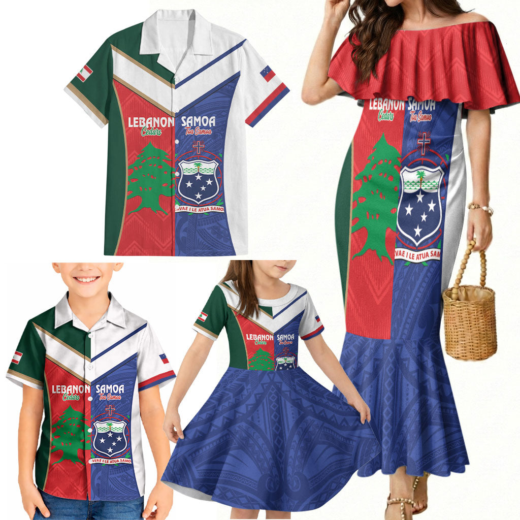 Custom Rugby Samoa and Lebanon Family Matching Mermaid Dress and Hawaiian Shirt Toa Samoa Cedars Together LT14 - Polynesian Pride
