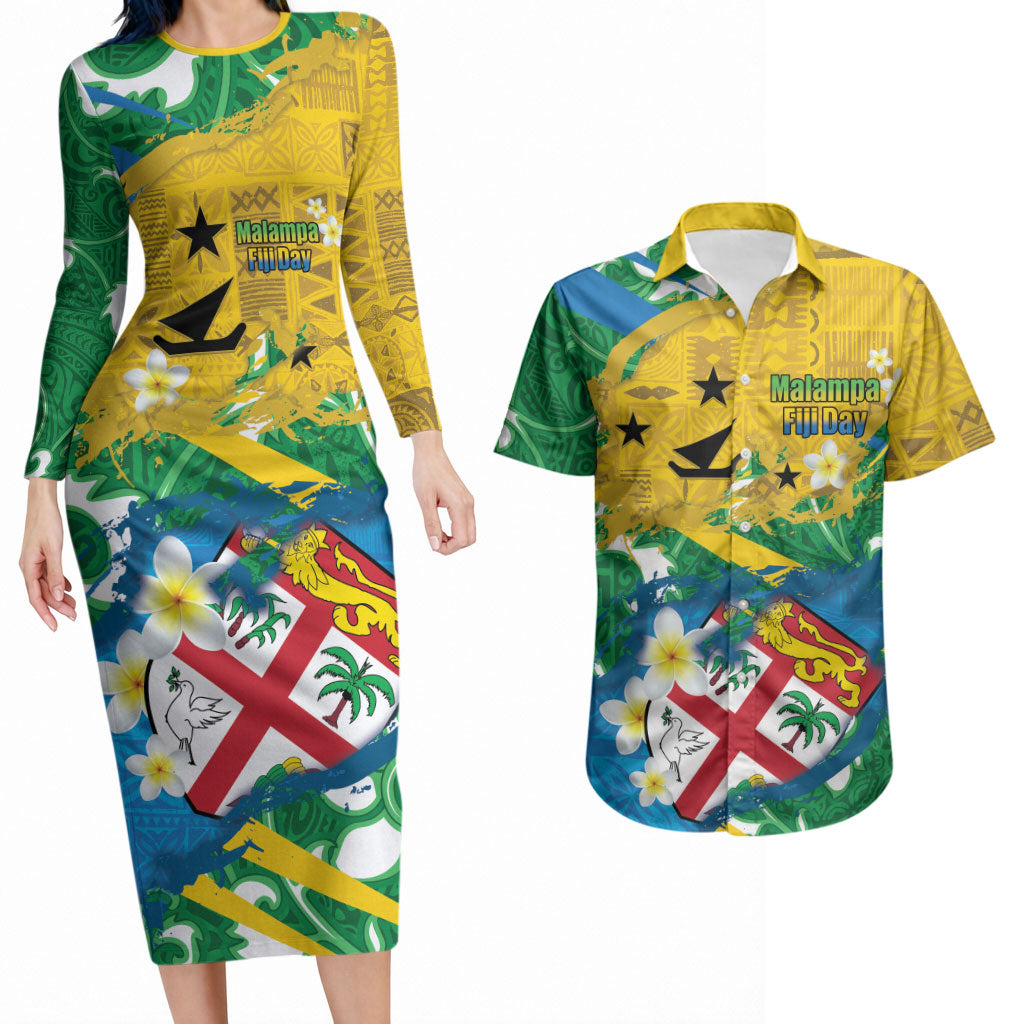 Malampa Fiji Day Couples Matching Long Sleeve Bodycon Dress and Hawaiian Shirt 10 October Together We Grow Grunge Tapa Motifs LT14 Multicolor - Polynesian Pride