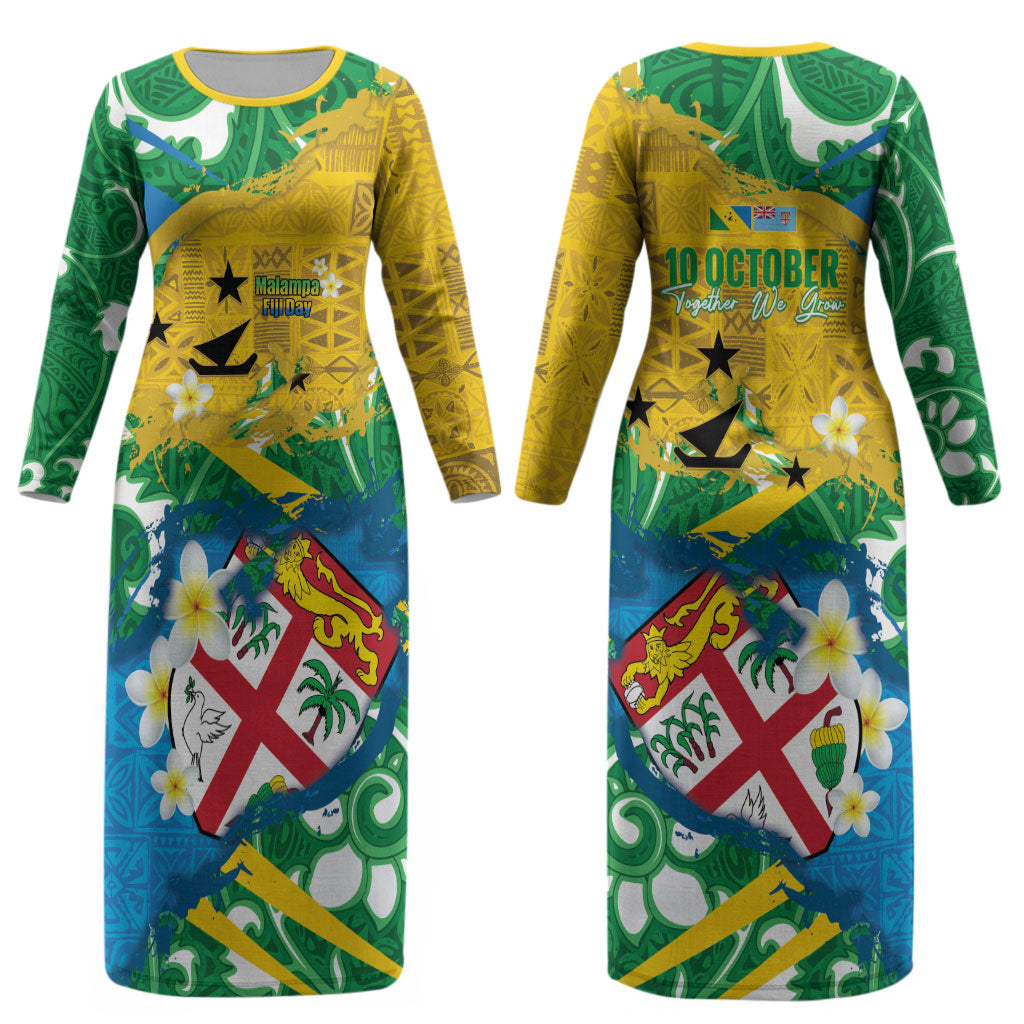 Malampa Fiji Day Couples Matching Long Sleeve Bodycon Dress and Hawaiian Shirt 10 October Together We Grow Grunge Tapa Motifs