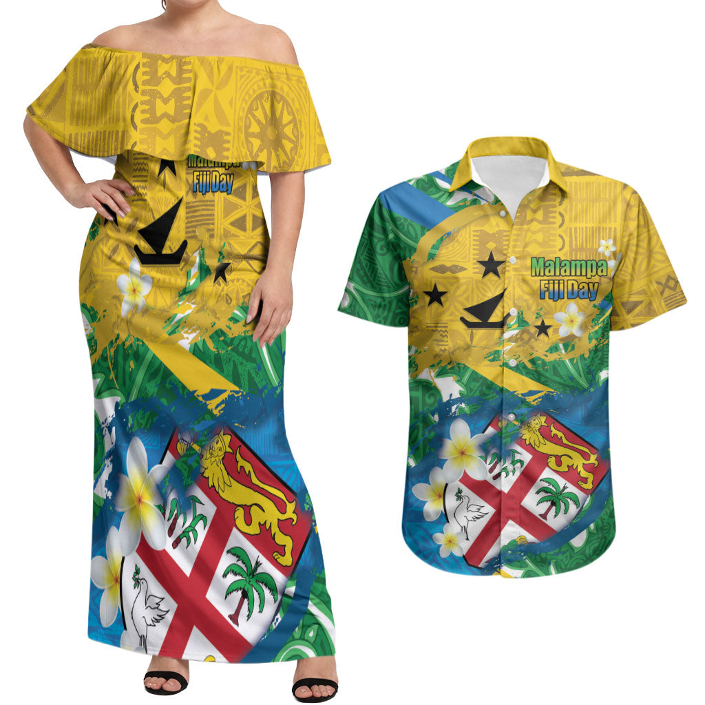 Malampa Fiji Day Couples Matching Off Shoulder Maxi Dress and Hawaiian Shirt 10 October Together We Grow Grunge Tapa Motifs LT14 Multicolor - Polynesian Pride