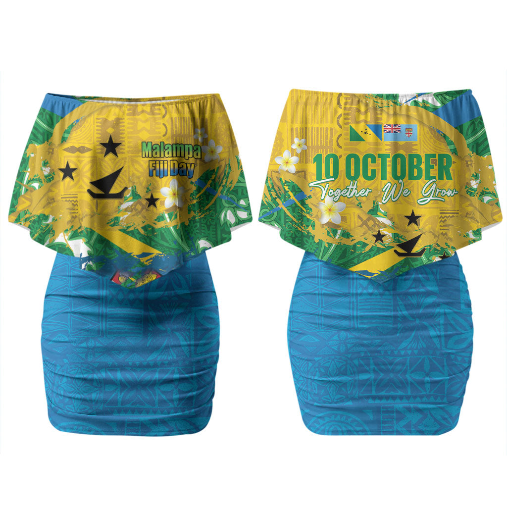 Malampa Fiji Day Couples Matching Off Shoulder Short Dress and Hawaiian Shirt 10 October Together We Grow Grunge Tapa Motifs