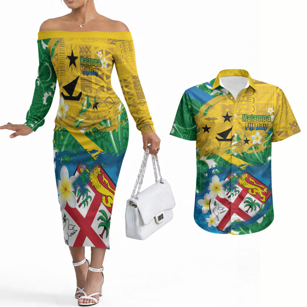 Malampa Fiji Day Couples Matching Off The Shoulder Long Sleeve Dress and Hawaiian Shirt 10 October Together We Grow Grunge Tapa Motifs LT14 Multicolor - Polynesian Pride