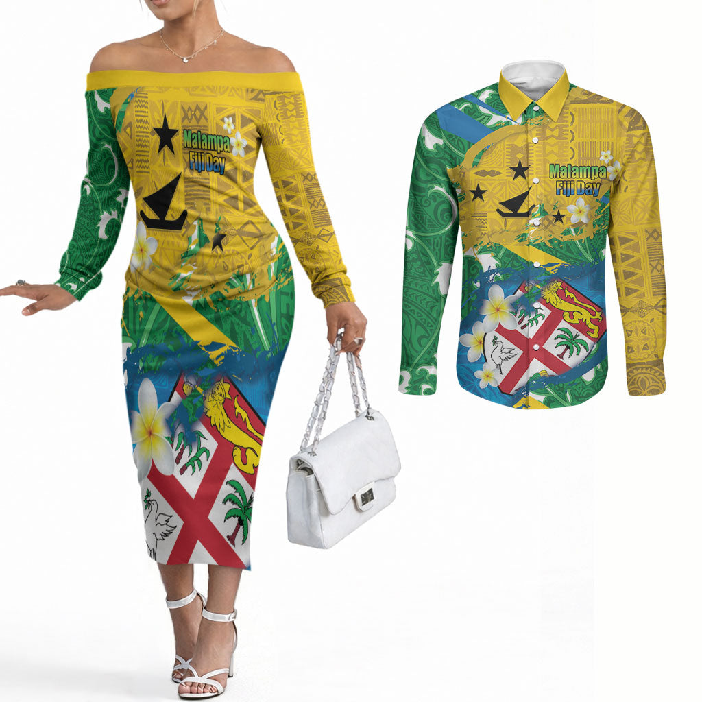 Malampa Fiji Day Couples Matching Off The Shoulder Long Sleeve Dress and Long Sleeve Button Shirt 10 October Together We Grow Grunge Tapa Motifs LT14 Multicolor - Polynesian Pride