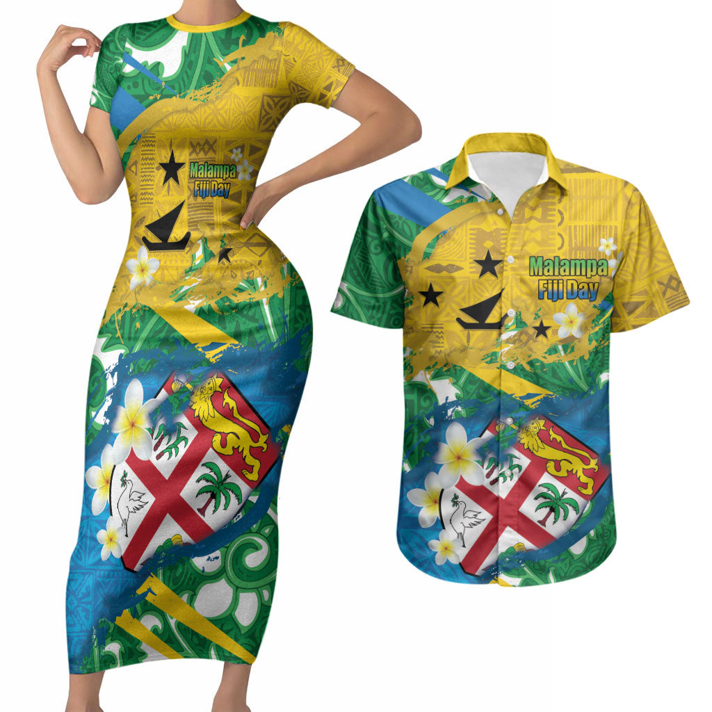 Malampa Fiji Day Couples Matching Short Sleeve Bodycon Dress and Hawaiian Shirt 10 October Together We Grow Grunge Tapa Motifs LT14 Multicolor - Polynesian Pride