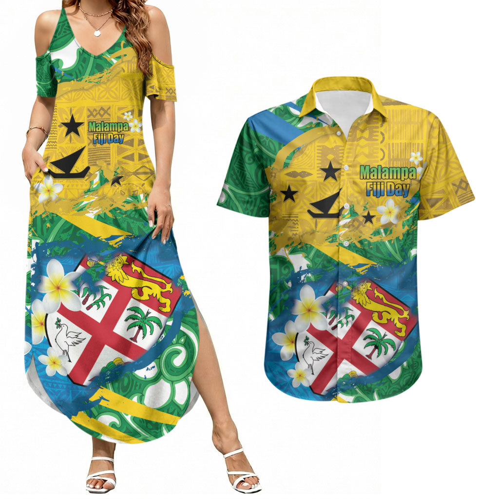Malampa Fiji Day Couples Matching Summer Maxi Dress and Hawaiian Shirt 10 October Together We Grow Grunge Tapa Motifs LT14 Multicolor - Polynesian Pride