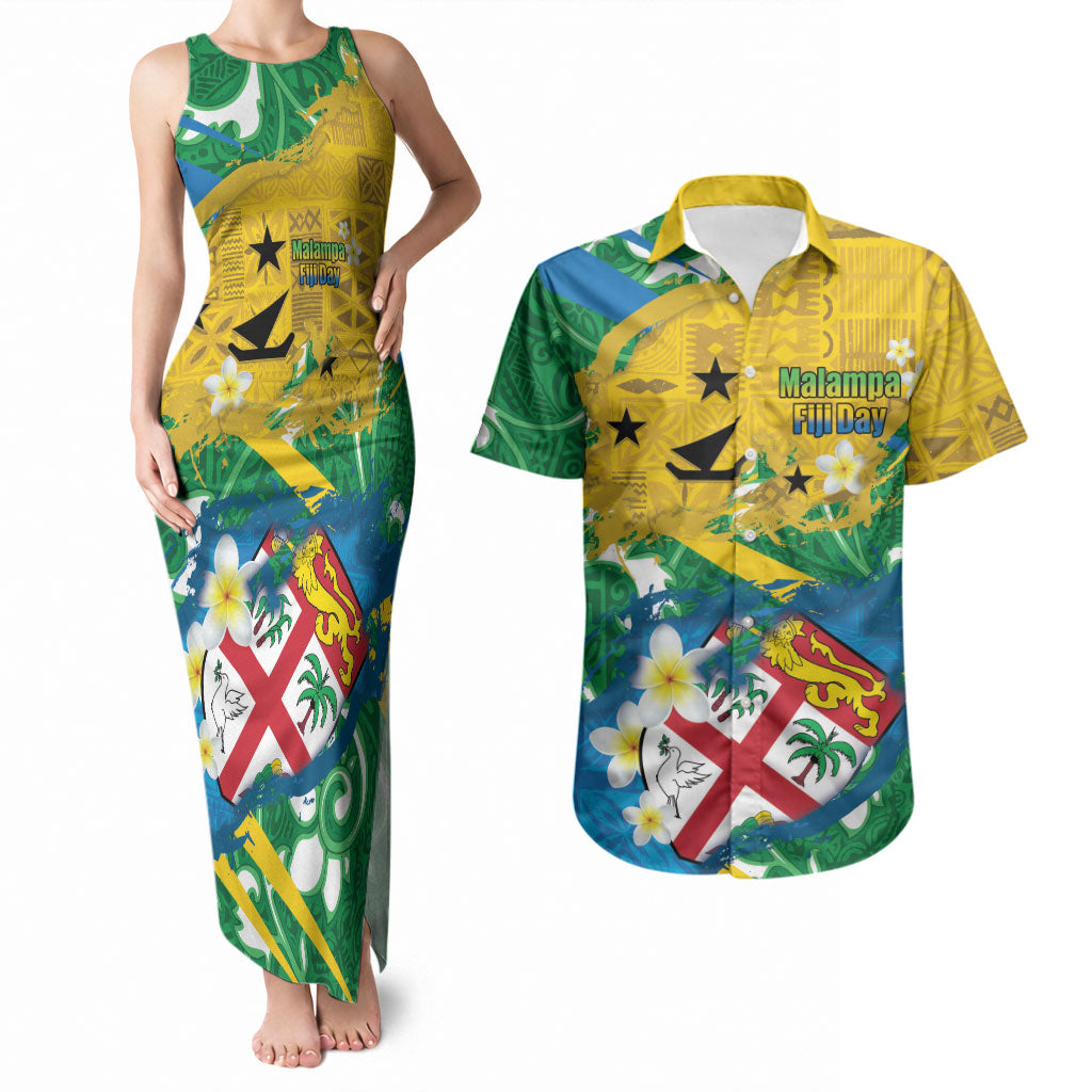 Malampa Fiji Day Couples Matching Tank Maxi Dress and Hawaiian Shirt 10 October Together We Grow Grunge Tapa Motifs LT14 Multicolor - Polynesian Pride