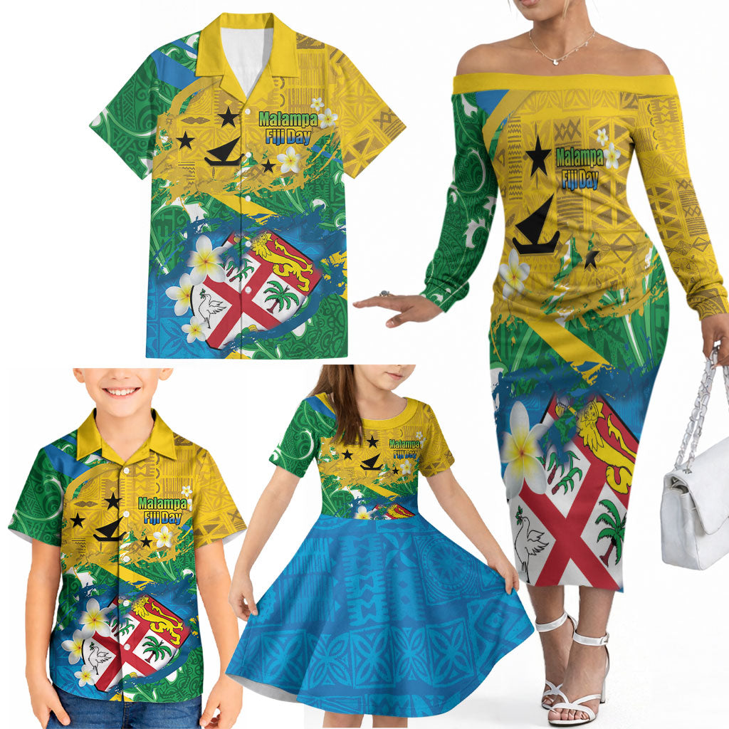 Malampa Fiji Day Family Matching Off The Shoulder Long Sleeve Dress and Hawaiian Shirt 10 October Together We Grow Grunge Tapa Motifs LT14 - Polynesian Pride