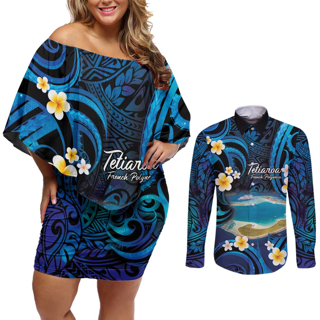 French Polynesia Tetiaroa Atoll Couples Matching Off Shoulder Short Dress and Long Sleeve Button Shirt Polynesian Curves Style