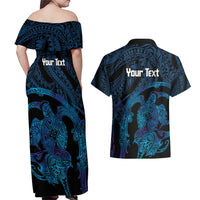 Personalised Tahiti Moorea Atoll Couples Matching Off Shoulder Maxi Dress and Hawaiian Shirt Polynesian Sea Turtle