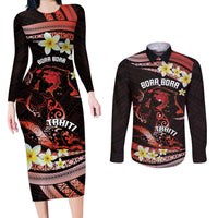 Personalised Tahiti Bora Bora Couples Matching Long Sleeve Bodycon Dress and Long Sleeve Button Shirt Manta Rays With Polynesian Plumeria
