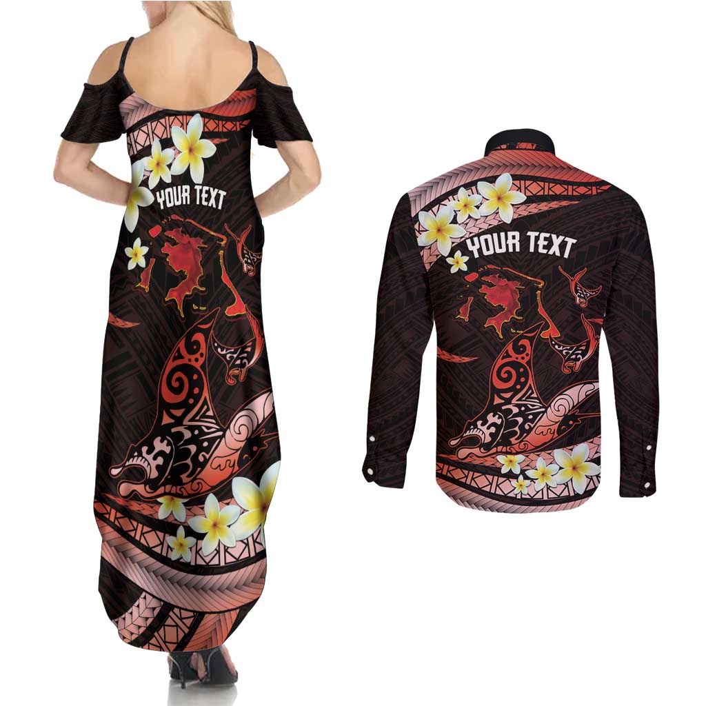 Personalised Tahiti Bora Bora Couples Matching Summer Maxi Dress and Long Sleeve Button Shirt Manta Rays With Polynesian Plumeria