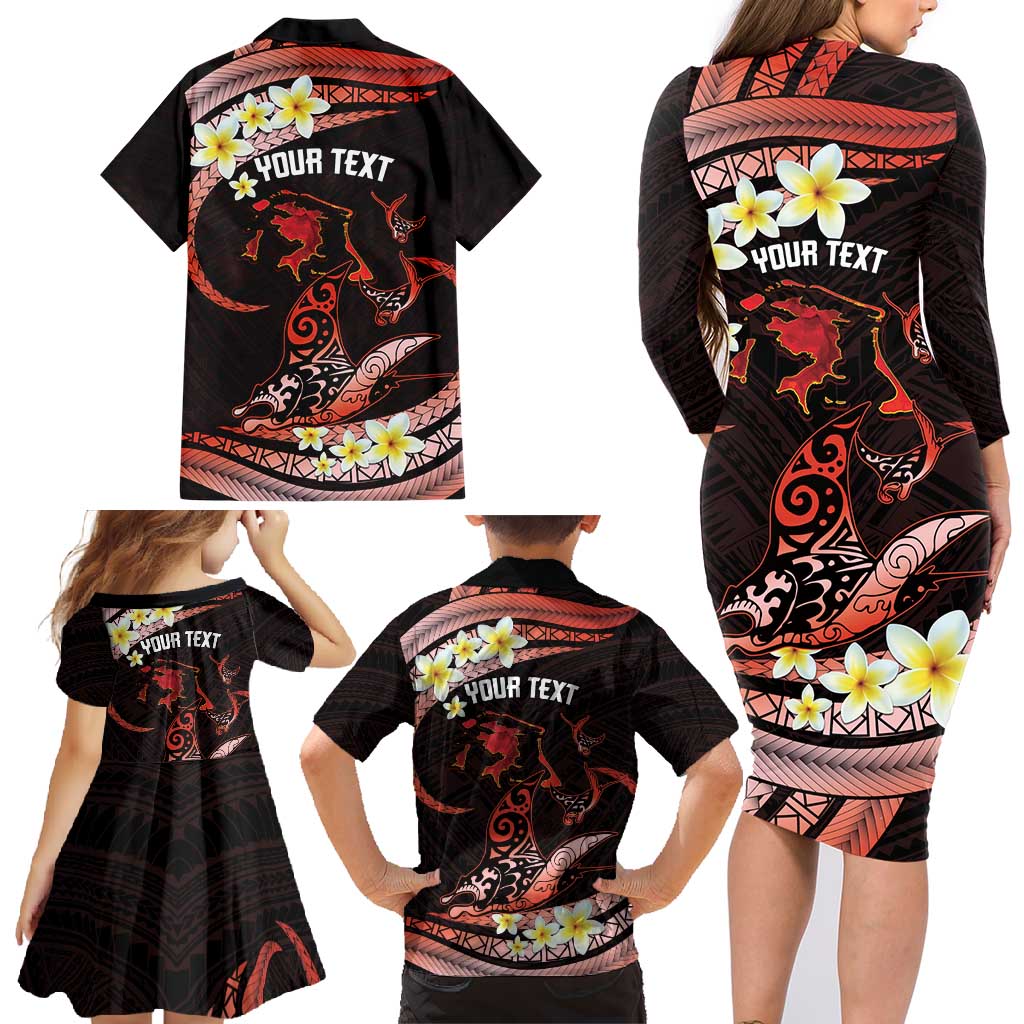Personalised Tahiti Bora Bora Family Matching Long Sleeve Bodycon Dress and Hawaiian Shirt Manta Rays With Polynesian Plumeria