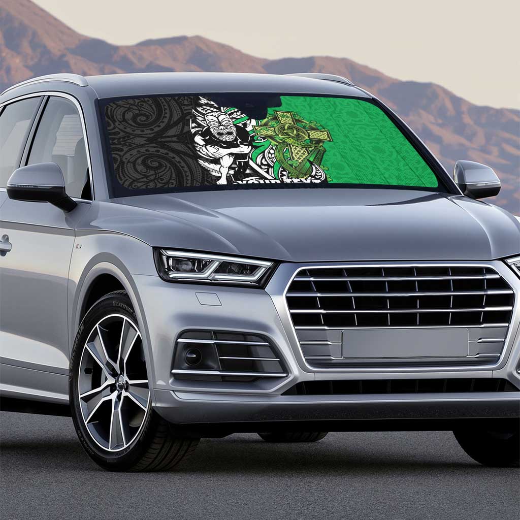 New Zealand and Ireland Rugby Custom Auto Sun Shade Maori Tiki Fern Irish Celtic Cross - Polynesian Pride