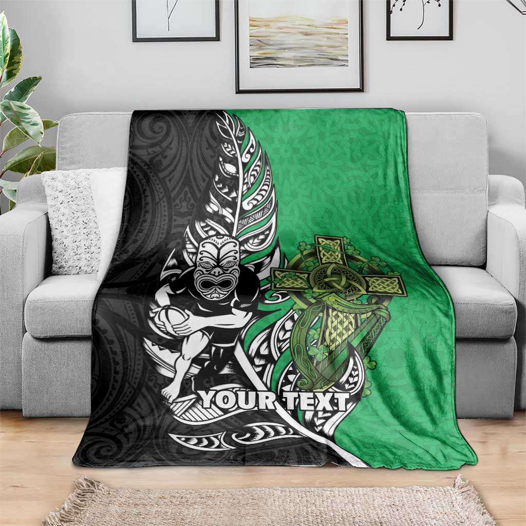 New Zealand and Ireland Rugby Custom Blanket Maori Tiki Fern Irish Celtic Cross - Polynesian Pride