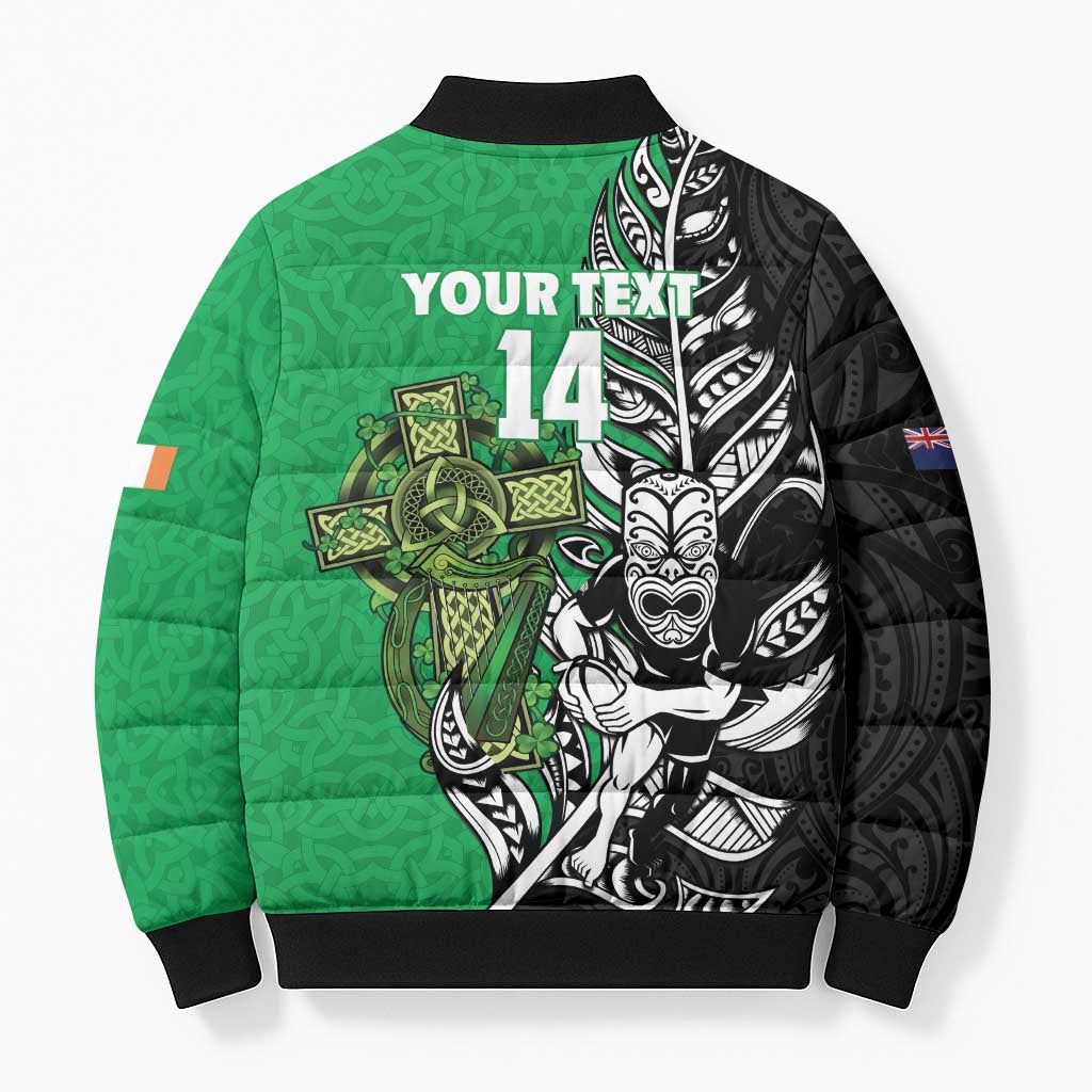 New Zealand and Ireland Rugby Custom Bomber Puffer Jacket Maori Tiki Fern Irish Celtic Cross - Polynesian Pride